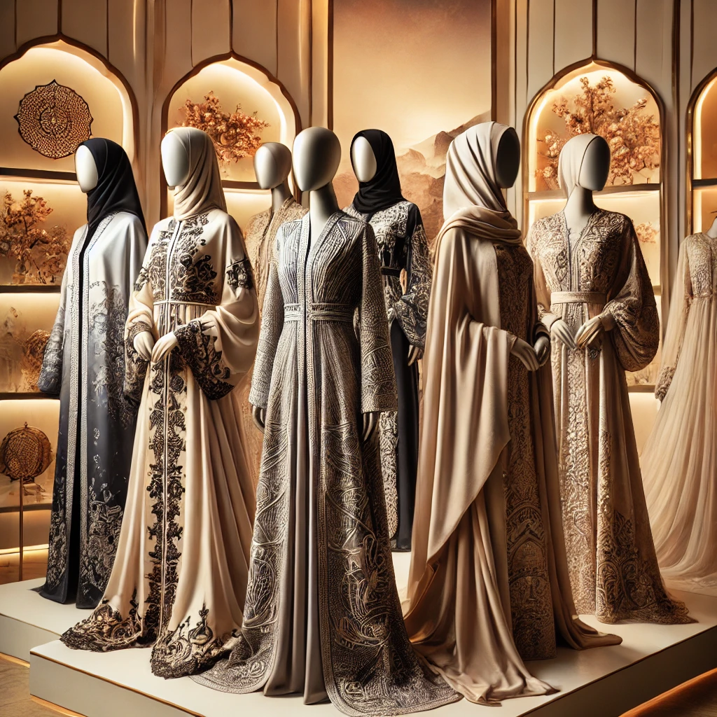 DALL·E 2025-02-22 14.31.44 - A collection of elegant abayas displayed in a stylish setting. The abayas feature intricate embroidery, luxurious fabrics like silk and chiffon, and m